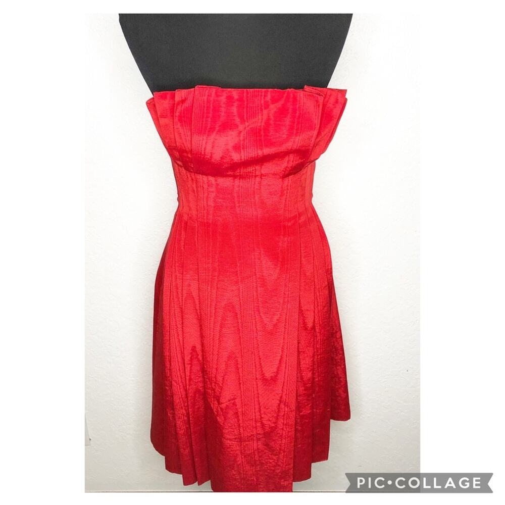 Vintage red silk pleated gathered strapless formal dress size 6